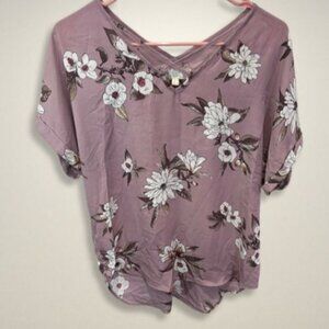 Pink Rose Blouse Crisscross Neckline‎ Short Sleeve  Floral Print Lilac Women's L